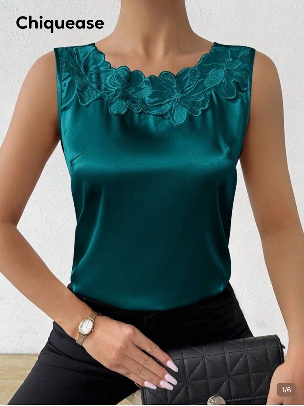 SHEIN Teal Satin Floral-Applique Sleeveless Camisole
